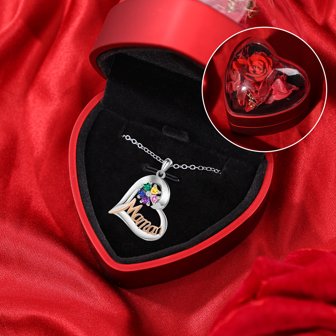 Collier Maman Personnalisé Cœur avec 1-5 Prénoms et Pierres de Naissance avec Coffret Rouge