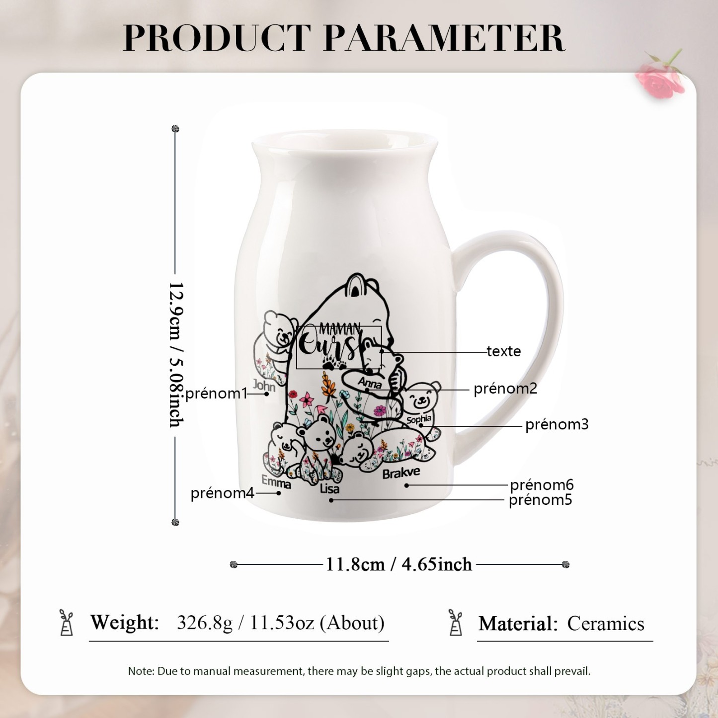 Vase à Fleurs Ours 6 Prénoms Personnalisés avec Texte Décoration de la Maison