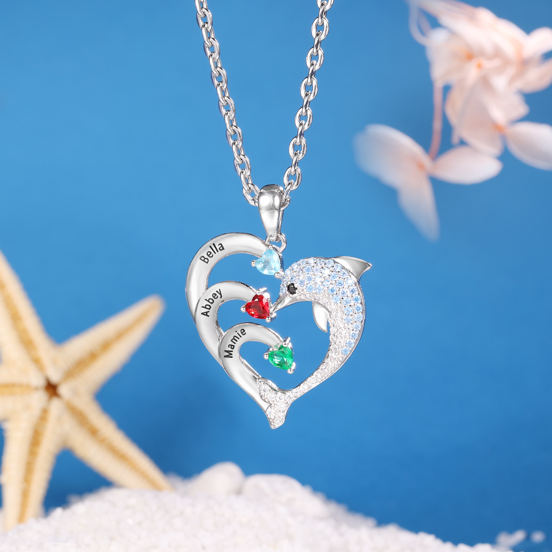 Collier coeur et dauphin 3 Prénoms Personnalisés avec 3 Pierre de Naissance | Jessemade