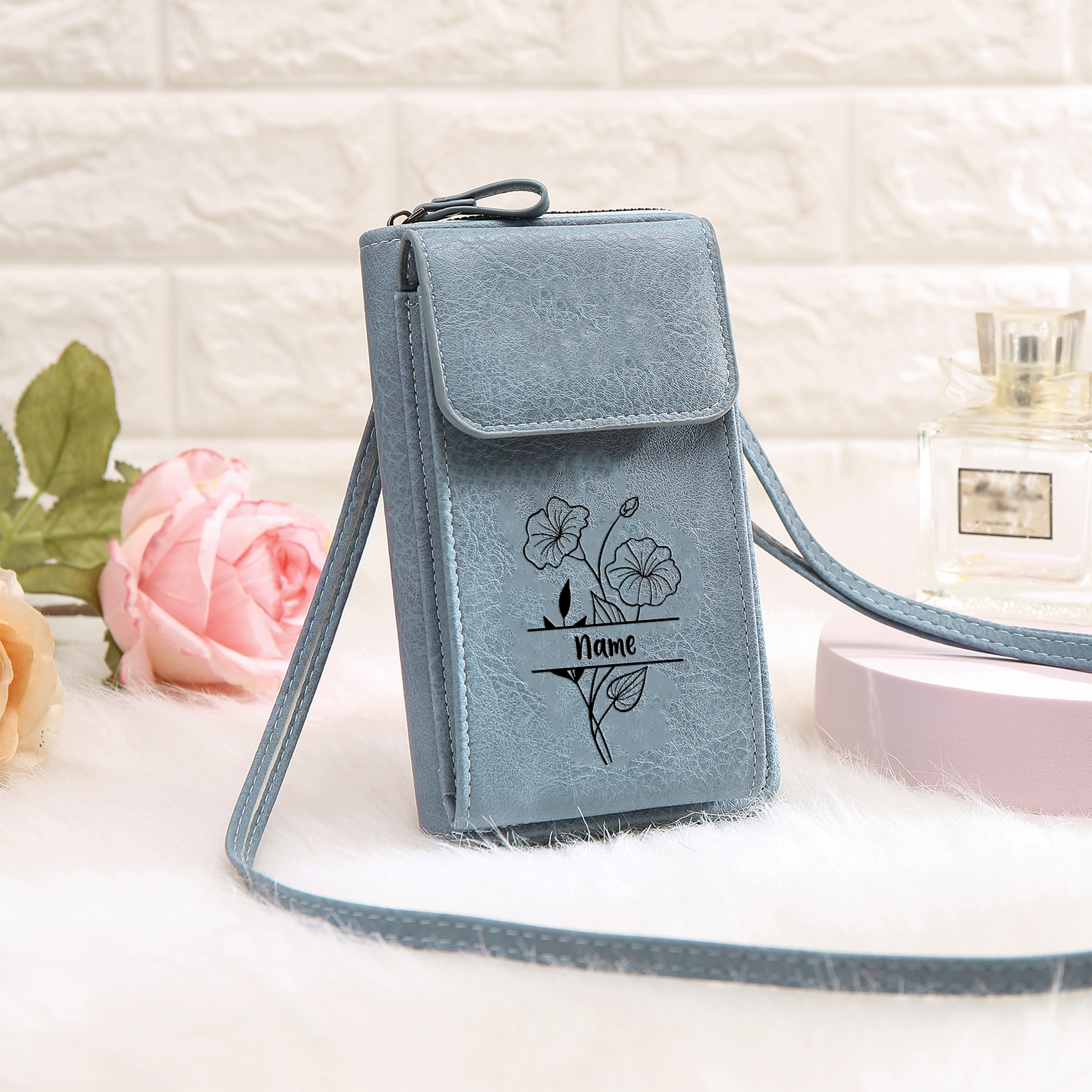 Portefeuille/Sac Bandoulière Femmes 1 Prénom et Fleur de Naissance Personnalisés
