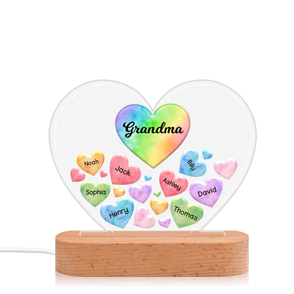 À Maman/Mamie - Lampe de chevet LED Cœurs 8 Prénoms Personnalisés avec 1 Texte