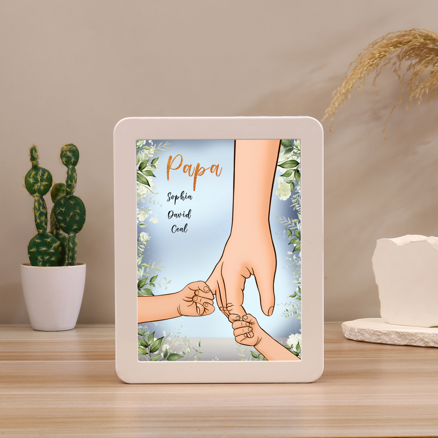 Lampe LED/Cadre Photo/Miroir multifonctionnel la main dans la main 3 Prénoms et 1 Tetxe Personnalisés Cadeau Créatif pour Famille
