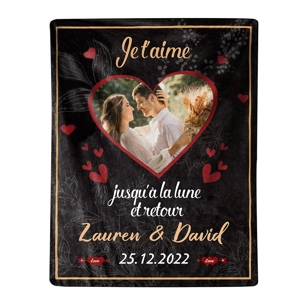 Couverture Plaids Polaire Cœur 2 Prénoms Personnalisés avec Photo et Date pour Couple | Jessemade