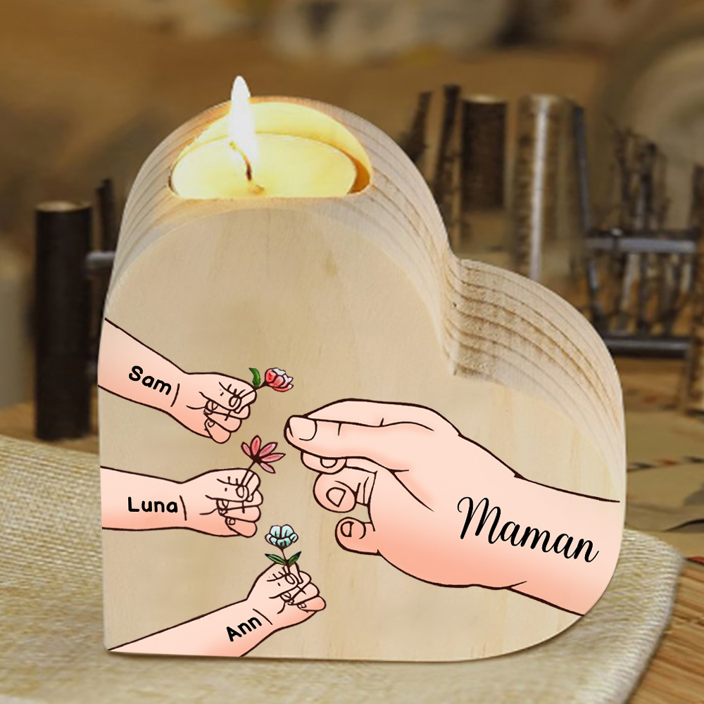 À Ma Maman/Mamie - Bougeoir en Bois Mains et Enfants 4 Prénoms Personnalisés pour Famille sans bougie