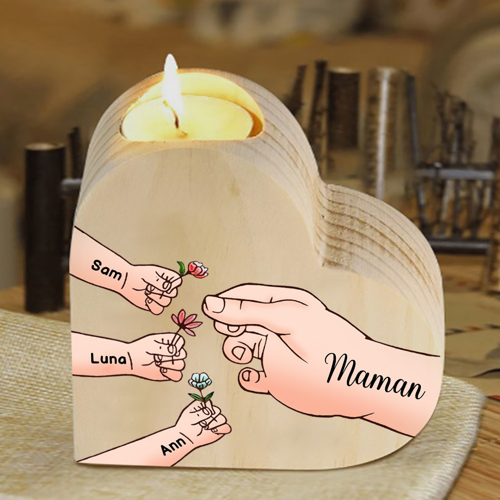 À Ma Maman/Mamie - Bougeoir en Bois Mains et Enfants 4 Prénoms Personnalisés pour Famille sans bougie