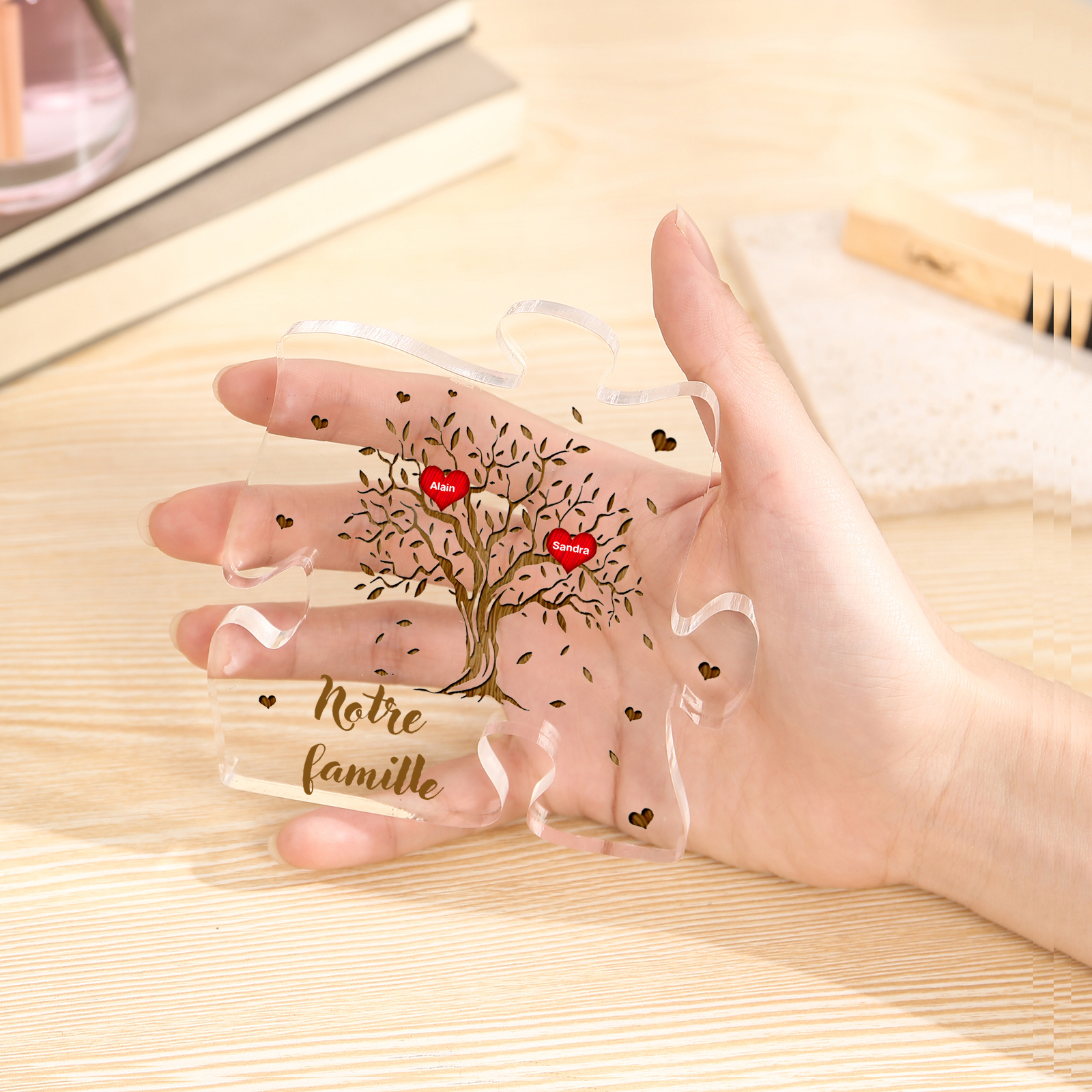 Plaque Acrylique en forme de Puzzle Arbre de Vie 2 Prénoms et Texte Personnalisés