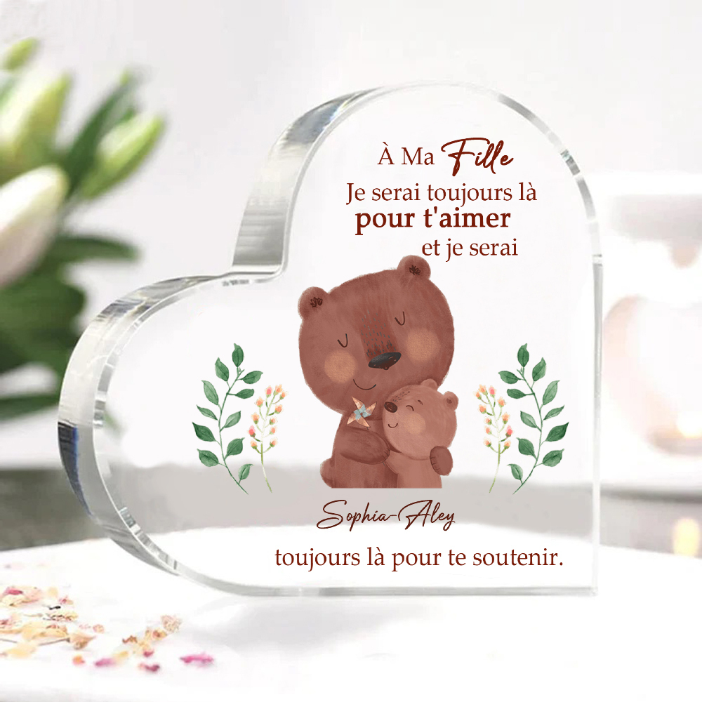À ma Fille - Plaque Acrylique Ours en Forme de Cœur 2 Prénoms Personnalisés
