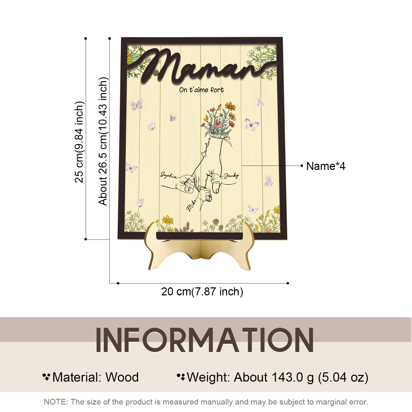 À Maman - Décoration en bois la Main dans la Main 4 Prénoms Personnalisés Ornement Famille