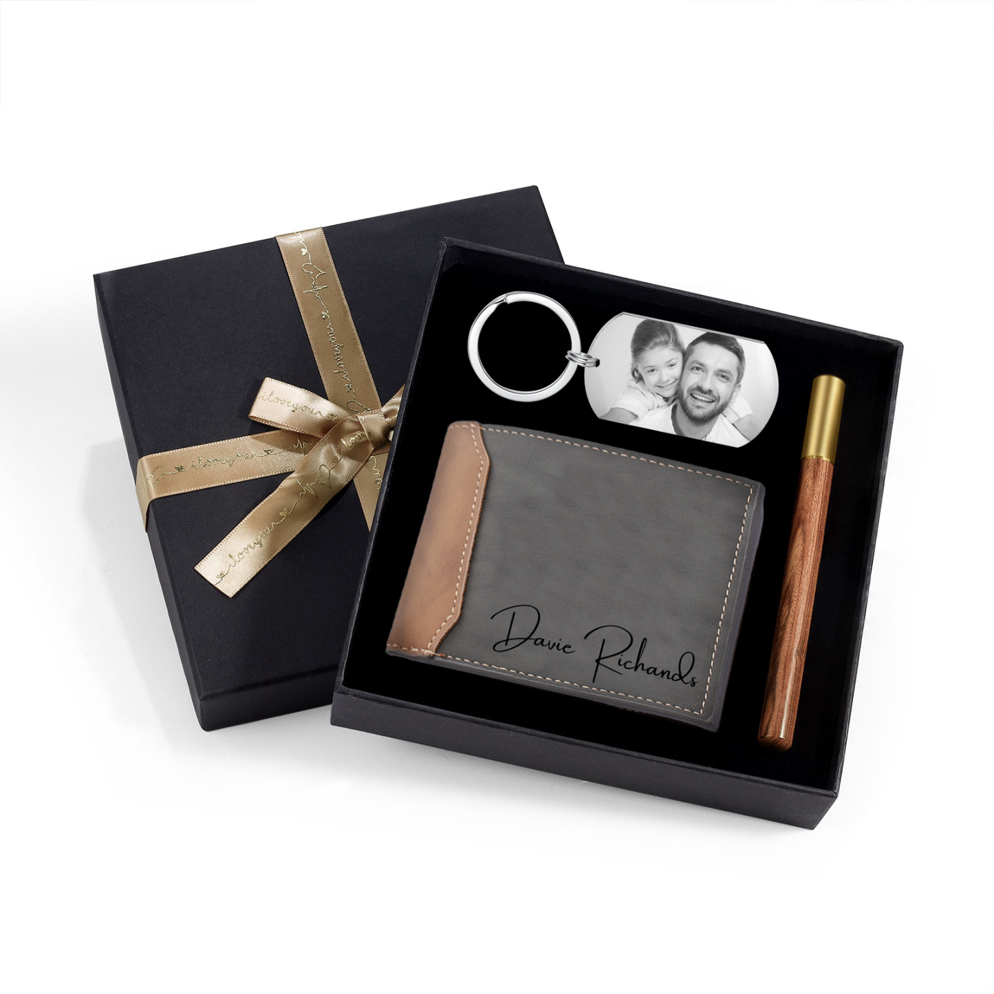 Coffret Cadeau 3PCS - Portefeuille classique Porte-Clés et Stylo 3 Textes Personnalisés avec 1 Photo et Date Coffret Cadeau pour Homme