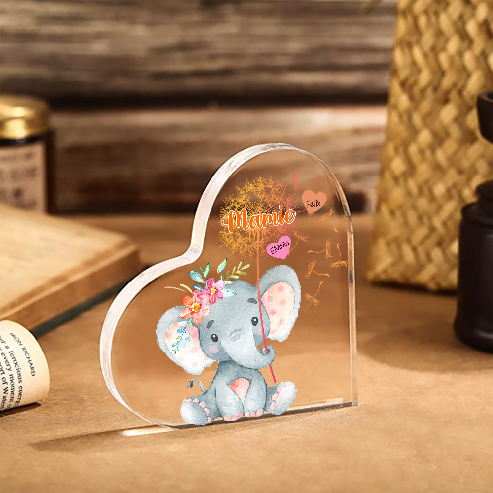 À ma Mamie - Plaque Acrylique Éléphant en Forme de Cœur 2 Prénoms Personnalisés