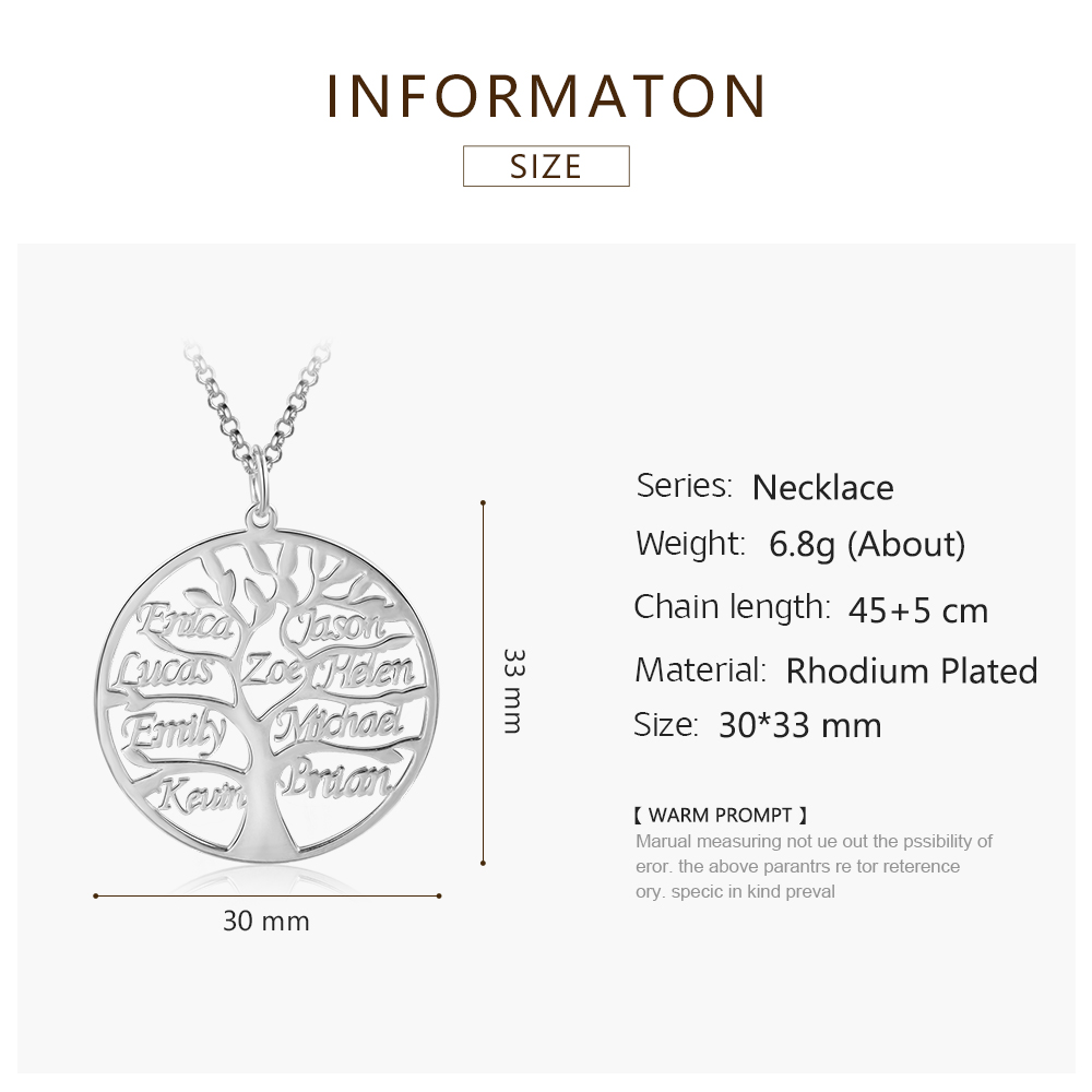 Collier Argent Arbre de vie Arbre généalogique 9 prenoms