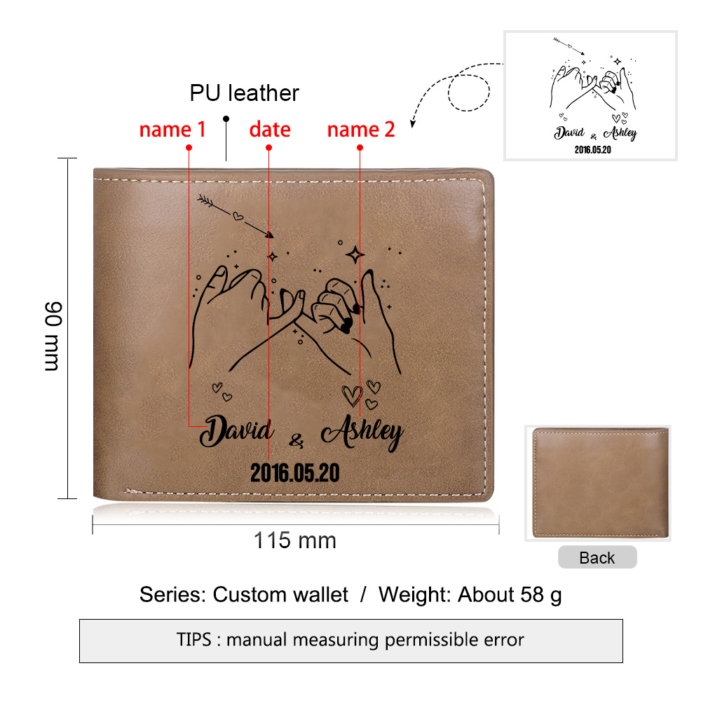 Portefeuille Classique Promesse du petit doigt 2 Prénoms Personnalisés avec Date pour Couple Porte-Monnaie Carte