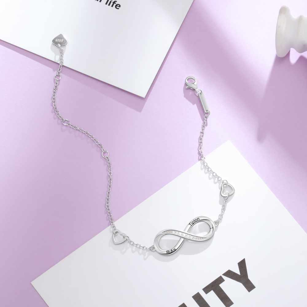 Bracelet infini à Breloque coeurs 2 Prénom Bracelet Personnalisé Femme|Jessemade