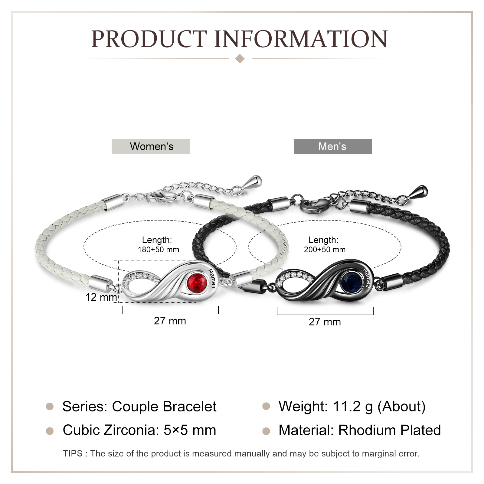 2PCS Bracelet Infini 2 Prénoms Personnalisés avec Pierre de naissance pour Couple Cadeau Saint-Valentin
