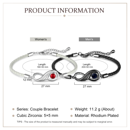 2PCS Bracelet Infini 2 Prénoms Personnalisés avec Pierre de naissance pour Couple Cadeau Saint-Valentin