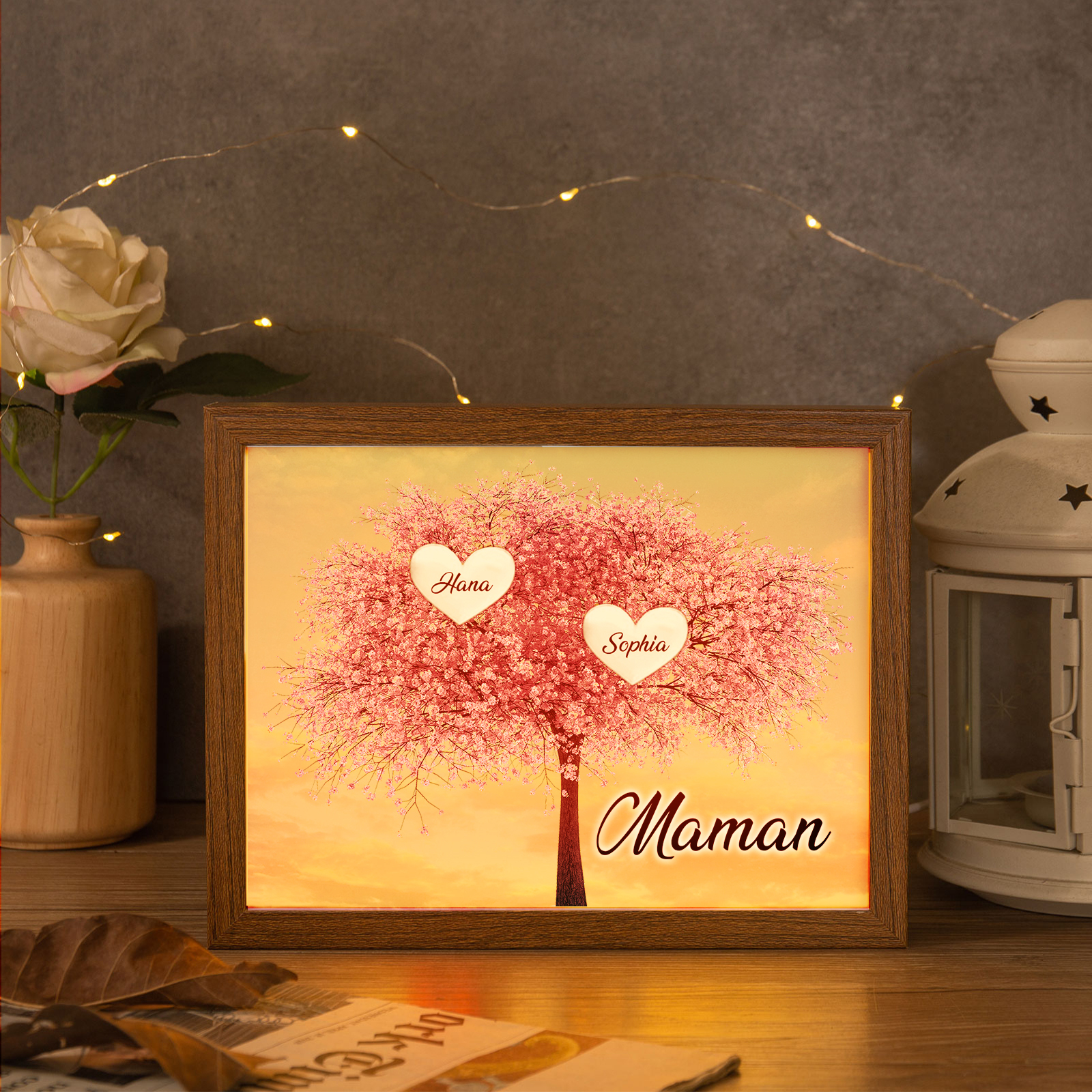 Cadre Photo LED Arbre de Vie 2 Prénoms et 1 Texte Personnalisé Décoration Famille