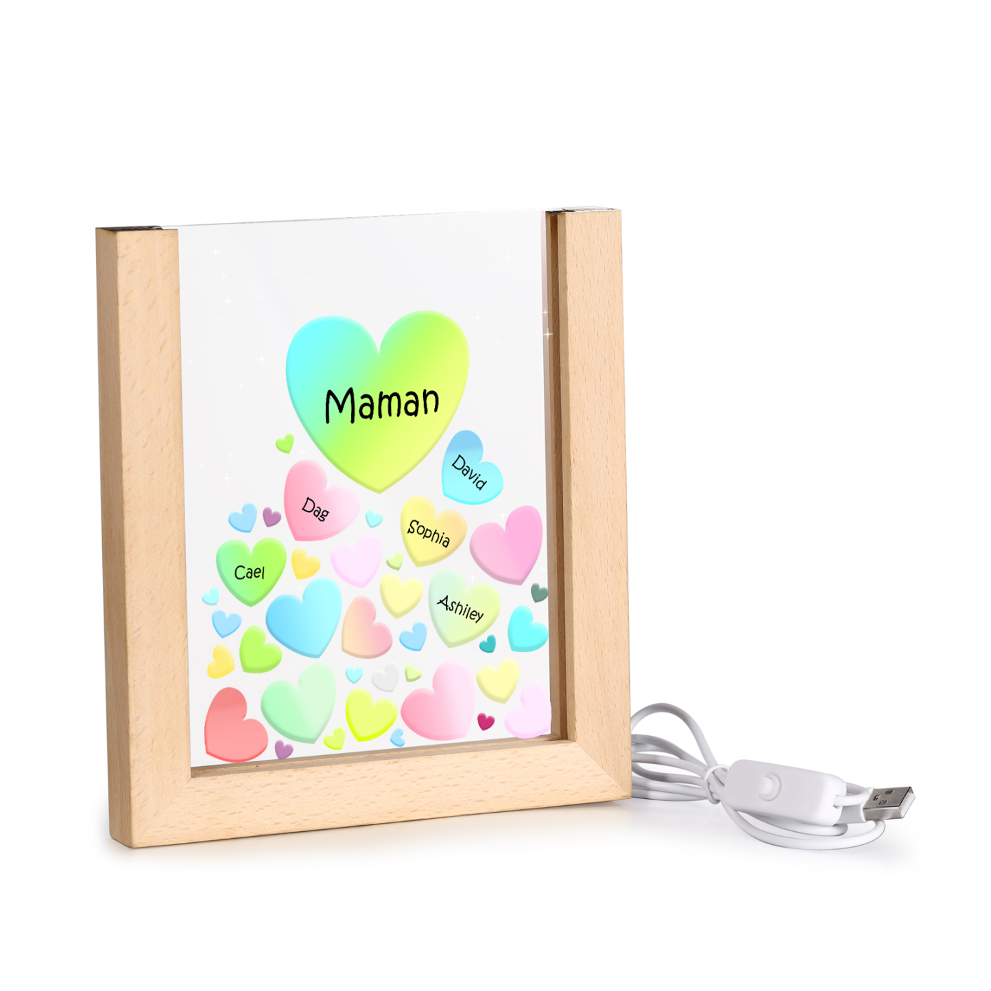 À Maman/Mamie - Lampe de chevet LED Cœurs 5 Prénoms Personnalisés avec 1 Texte