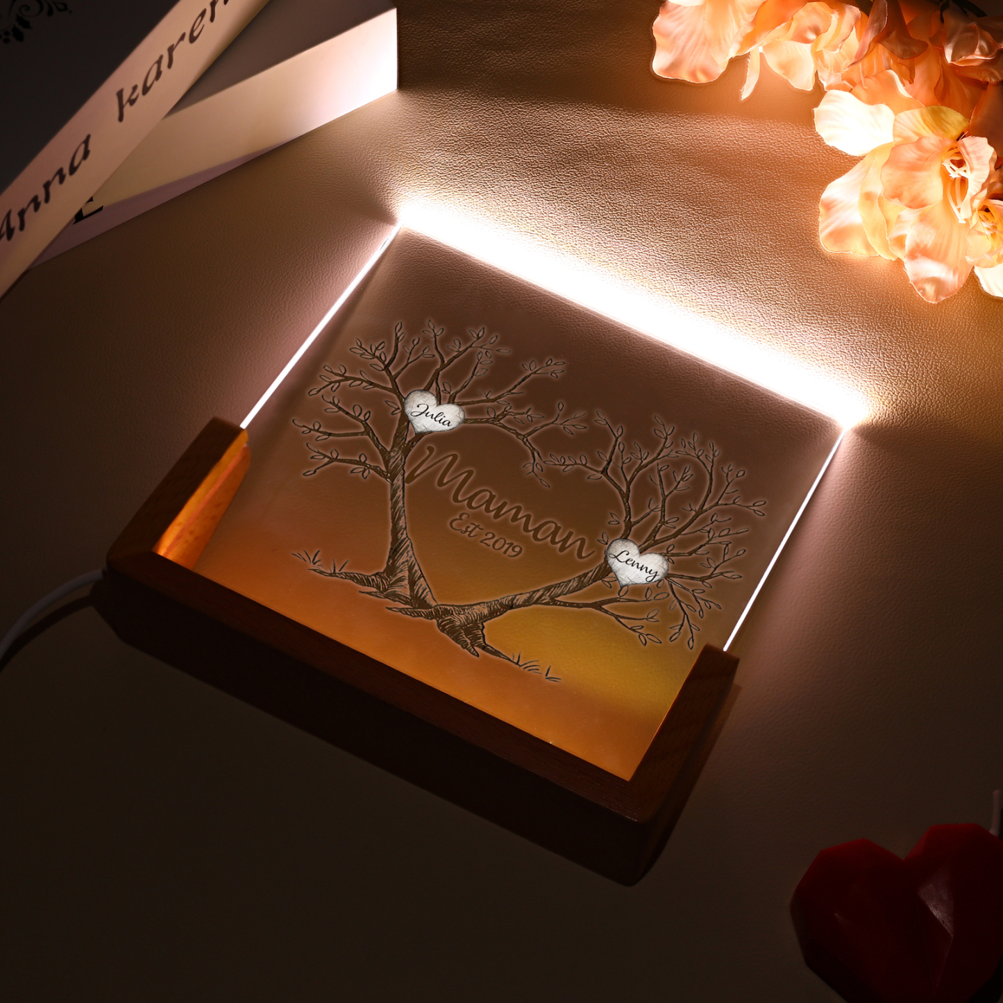 À Maman/Mamie - Lampe de chevet LED Arbre de Vie 2 Prénoms Personnalisés avec Texte et Date pour Famille