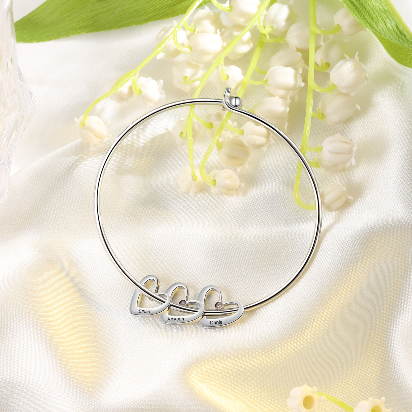 Bracelet jonc 3 prénom Pendentifs Personnalisé Coeur avec 3 Pierre de Naissance