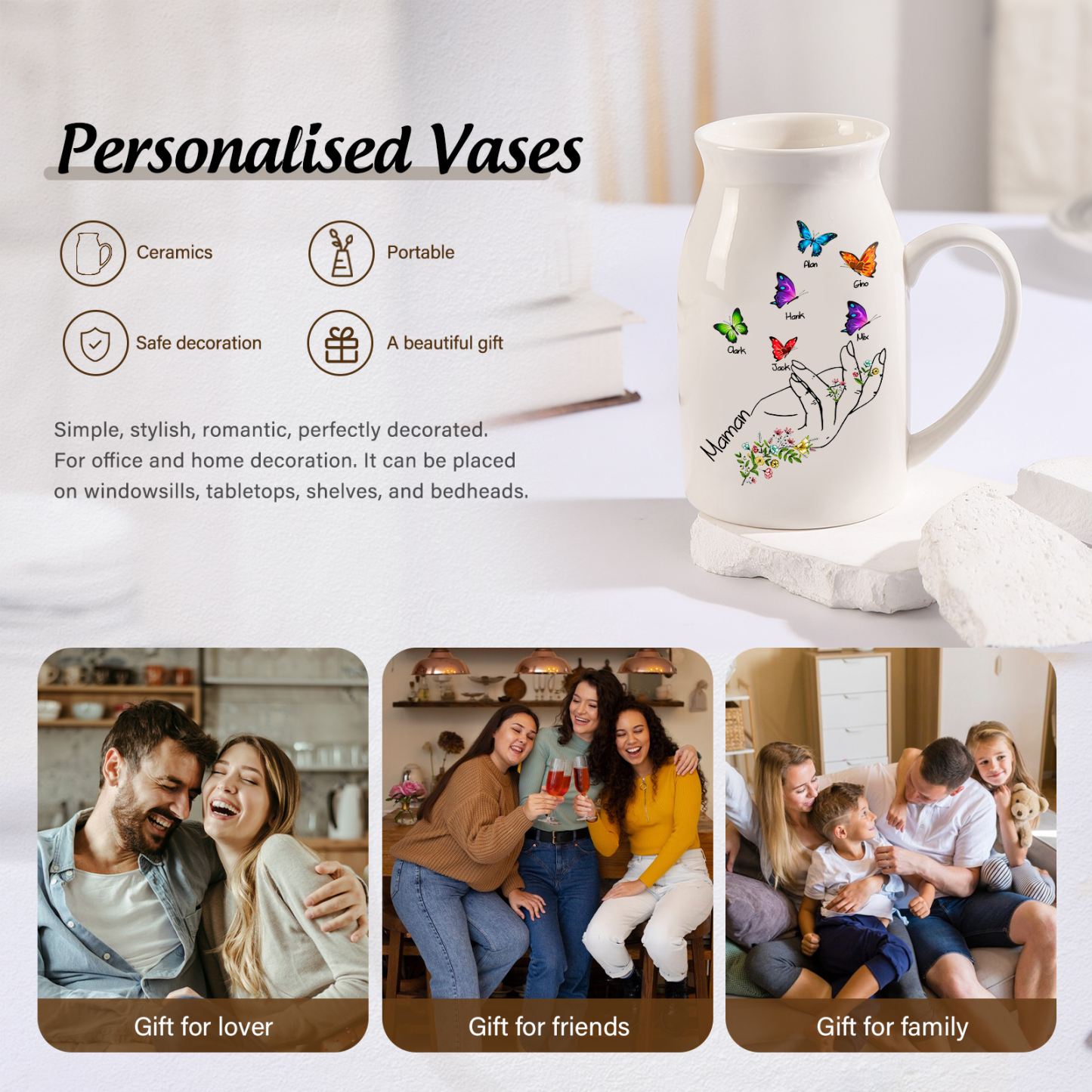 Vase à Fleurs Mains et Papillons 6 Prénoms Personnalisés avec Texte Décoration de la Maison