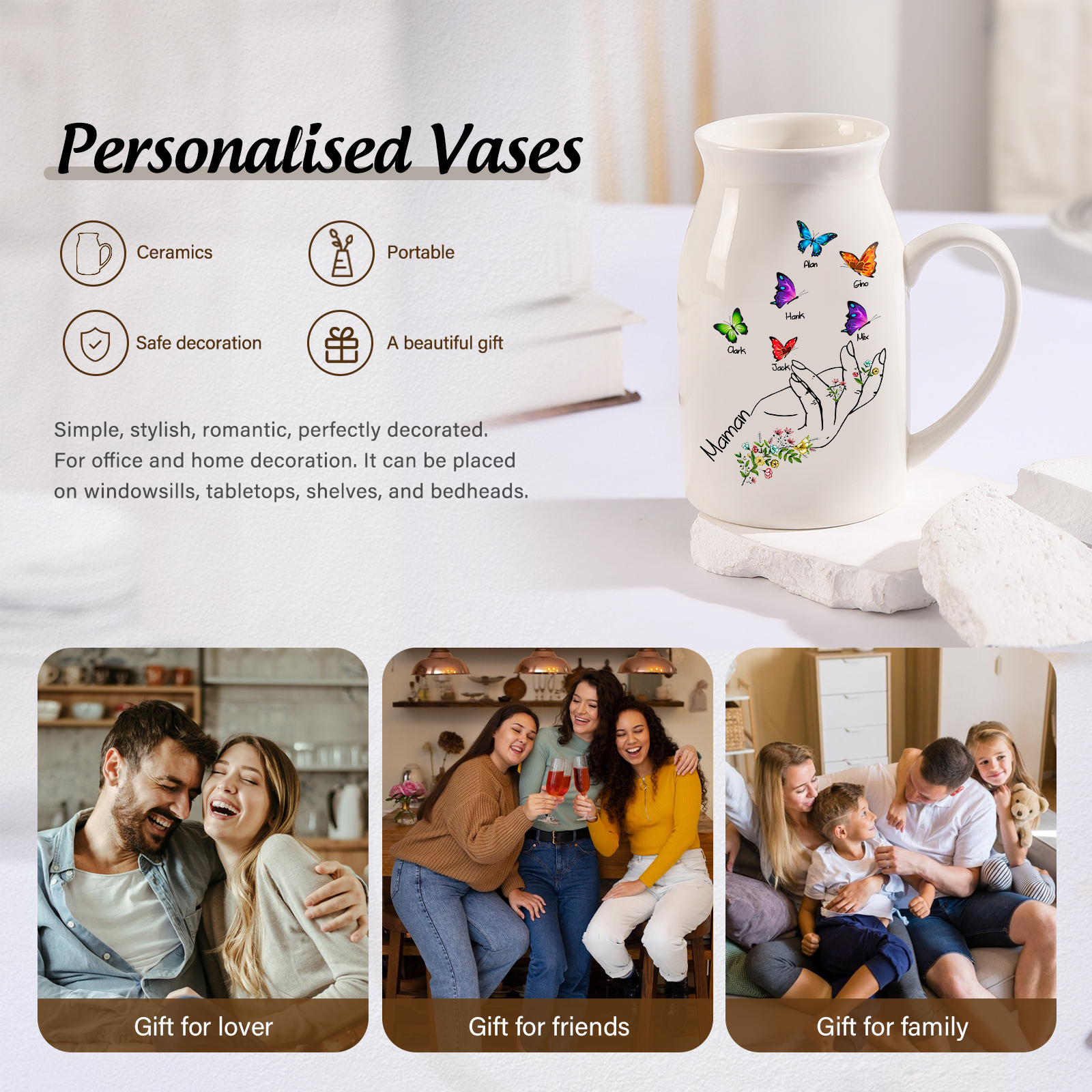 Vase à Fleurs Mains et Papillons 6 Prénoms Personnalisés avec Texte Décoration de la Maison