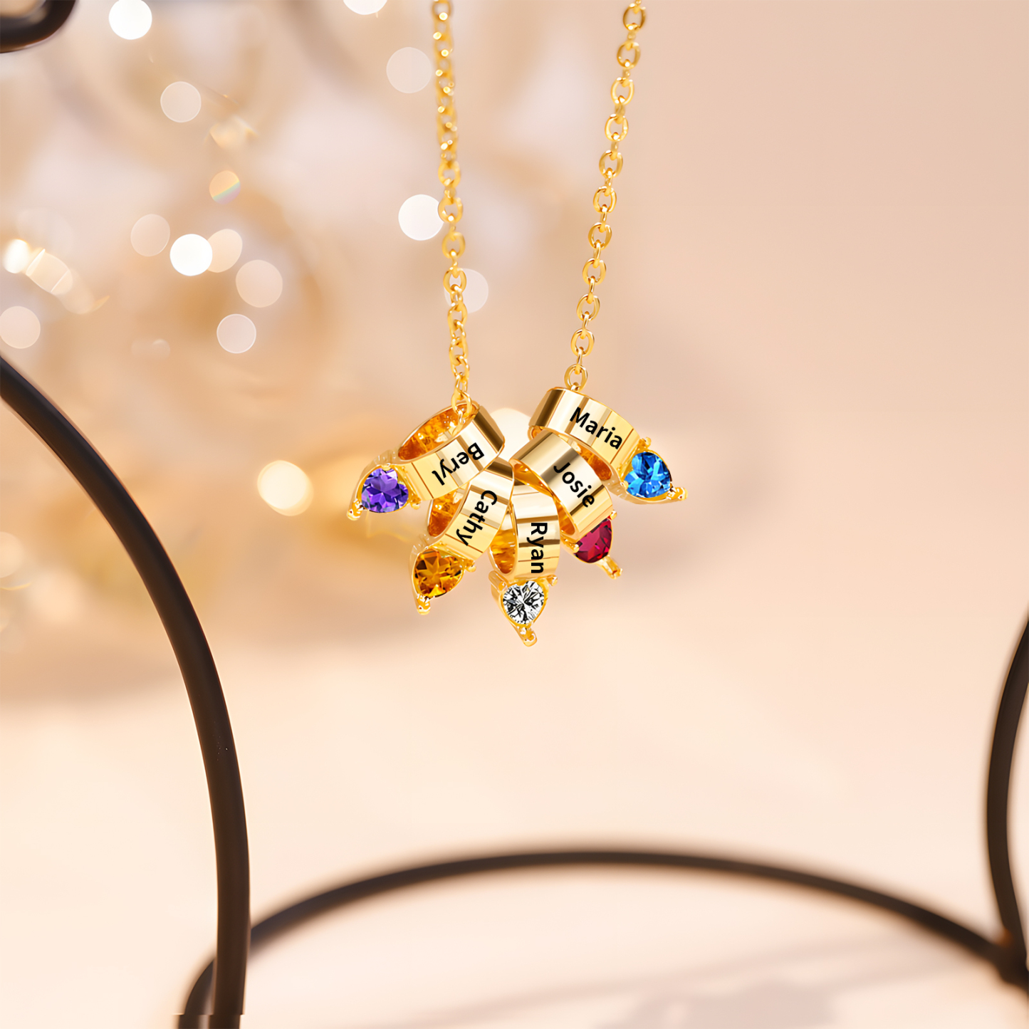 Collier Pendentif Cœur 5 Prénoms et Pierres de Naissance Personnalisés Collier Femmes