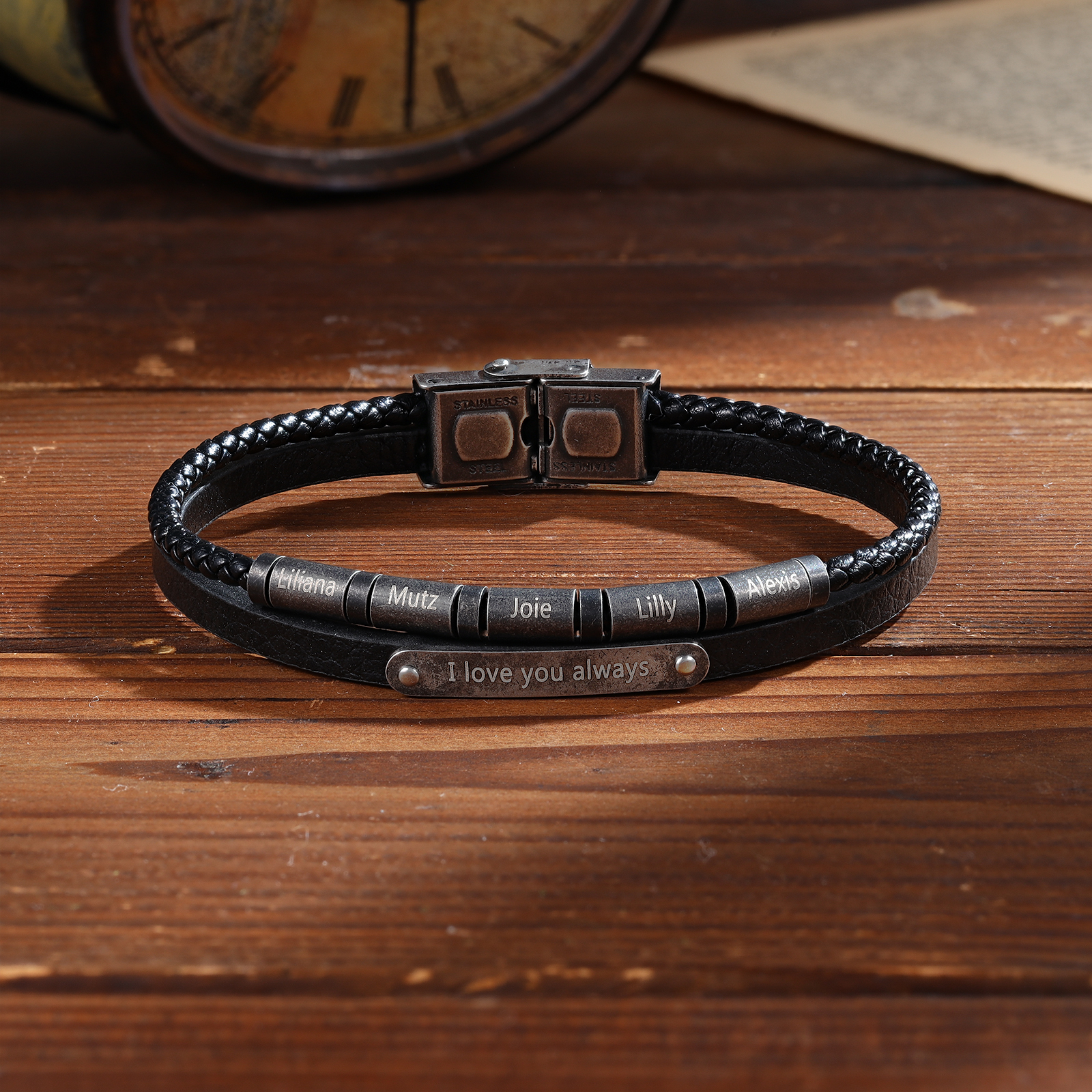 Bracelet Cuir 2-5 Préoms Personnalisés avec Texte pour Homme