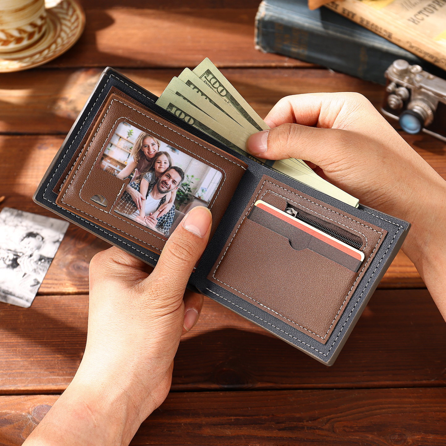 Portefeuille Homme Bicolore Personnalisé en cuir PU, à deux volets, personnalisé avec Photo, Calendrier, Initiales ou Prénom