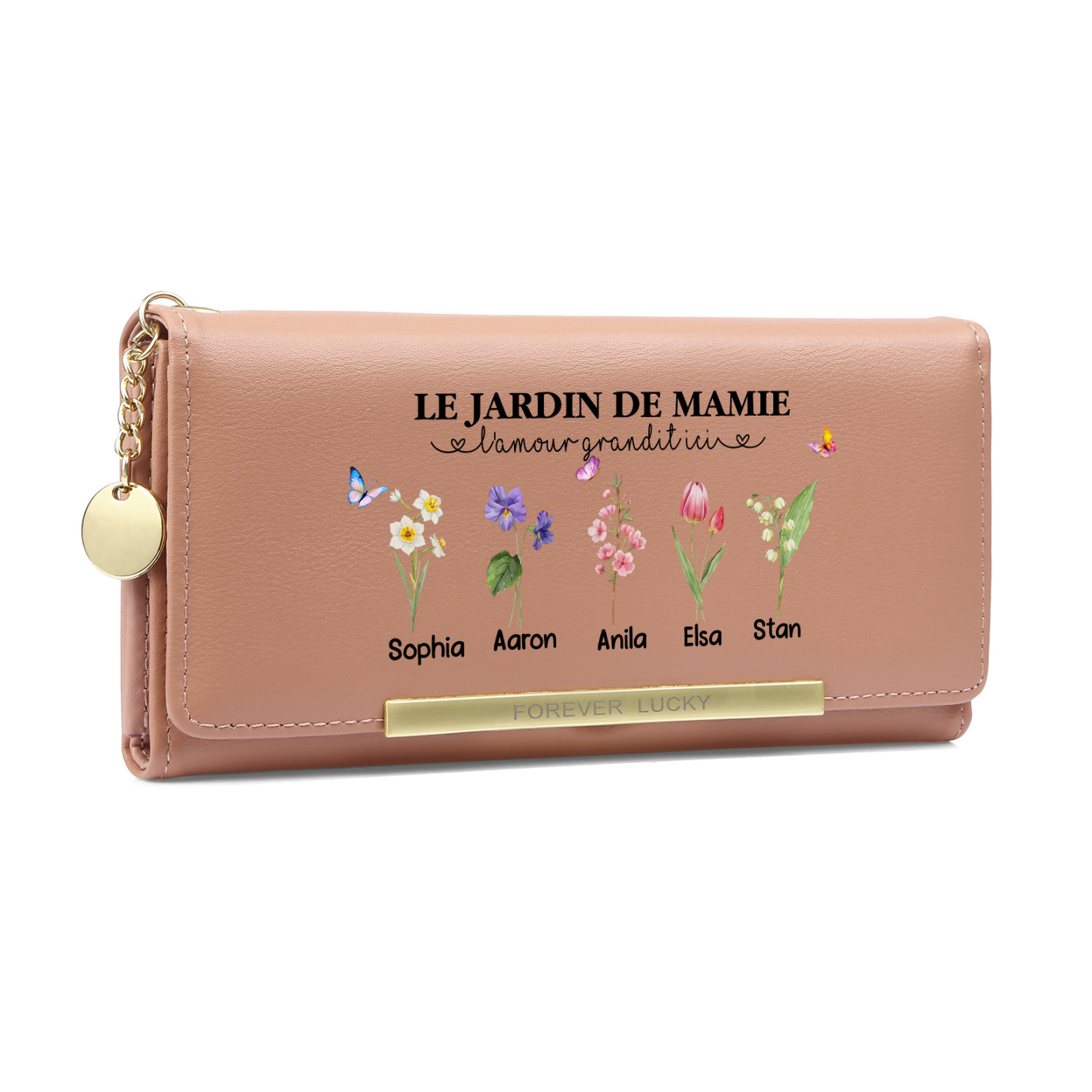 Portefeuille personnalisé pour grand-mère avec 1 à 6 fleurs de naissance et prénoms - Cadeau pour la fête des grands-mères ou la fête des mères | Jessemade