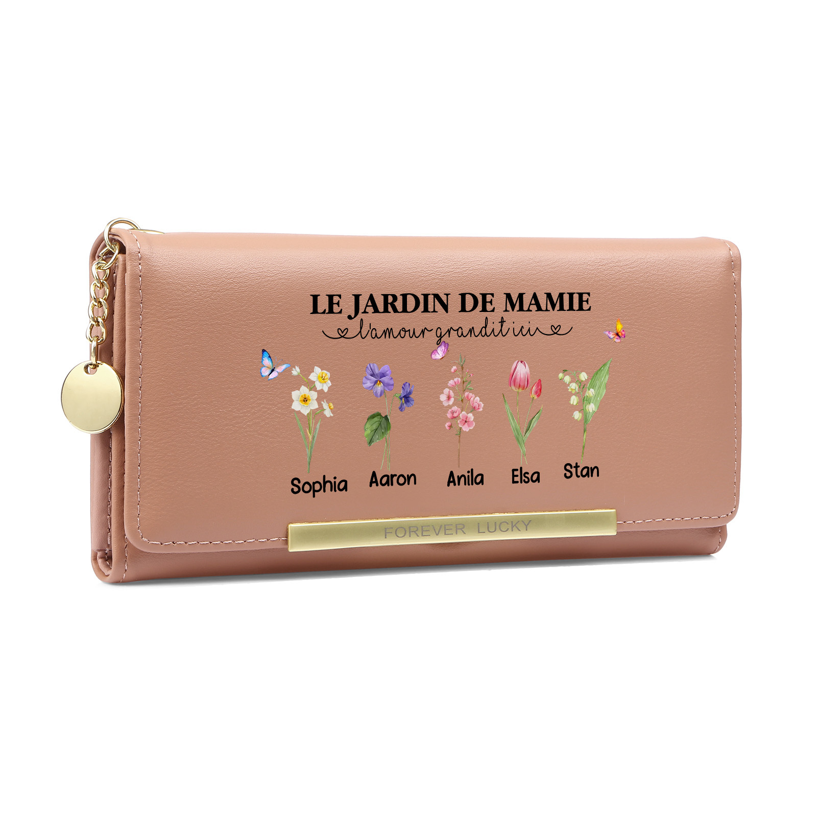 Portefeuille personnalisé pour grand-mère avec 1 à 6 fleurs de naissance et prénoms - Cadeau pour la fête des grands-mères ou la fête des mères | Jessemade