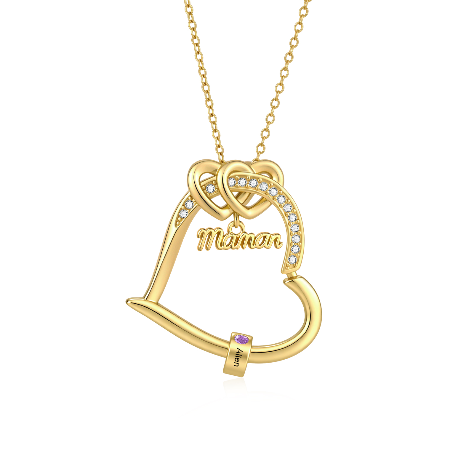 Collier Maman Double Cœur Personnalisé avec 1 à 5 Prénoms et Pierres de naissance