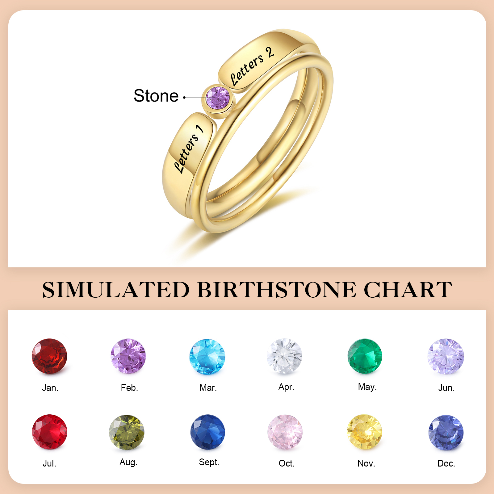 Bagues empilables personnalisées, initiales gravées et pierre de naissance