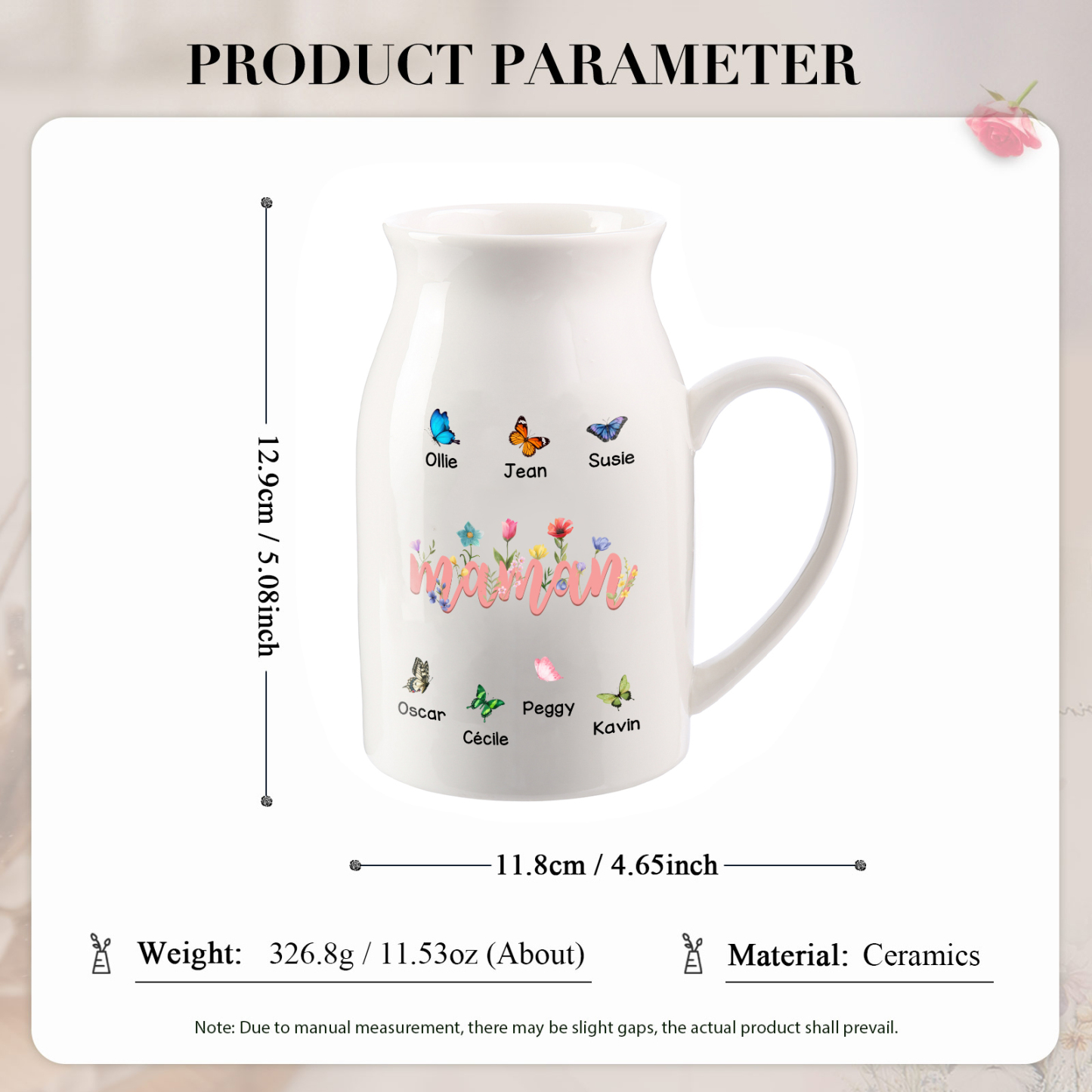 Vase pichet en céramique Personnalisé avec 1-10 Prénoms et Papillons pour Maman/Mamie