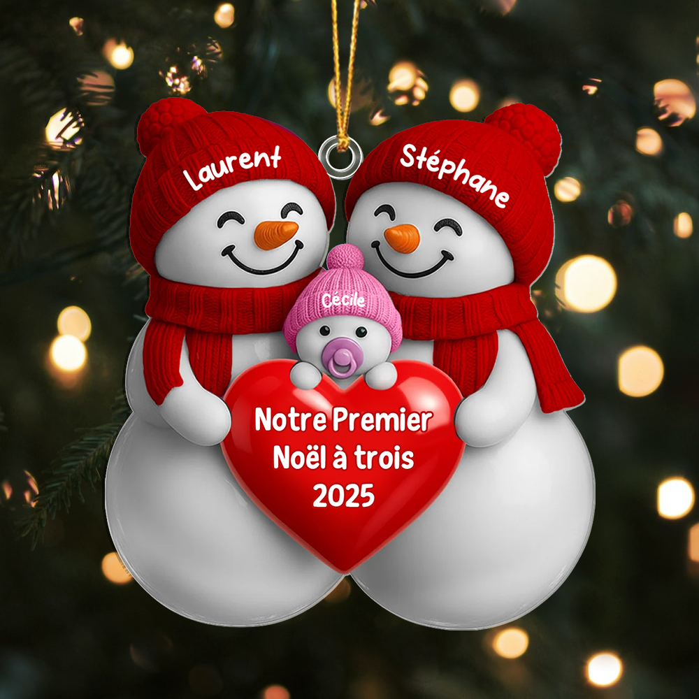 Décoration Sapin Noël Personnalisée avec 3 Bonhommes de Neige pour de Jeunes Parents