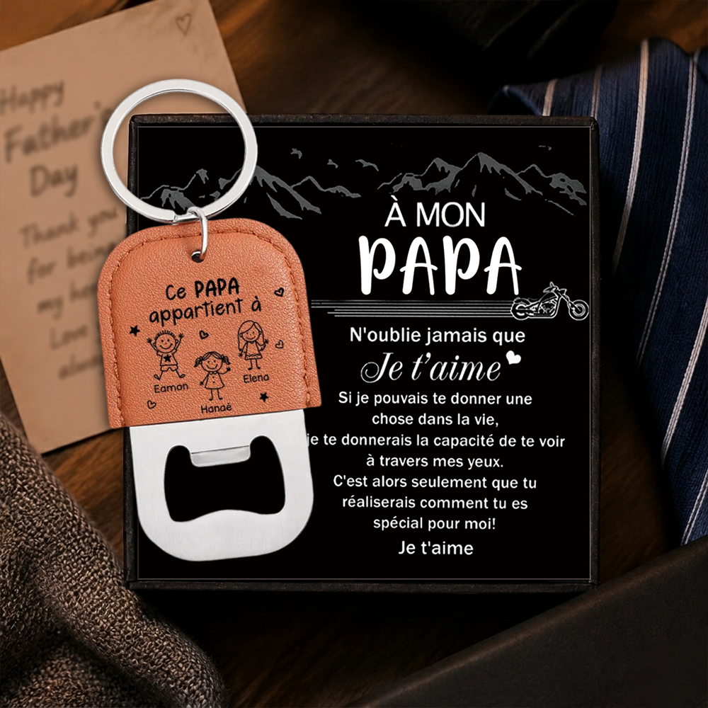 Porte-Clés Personnalisé en Cuir avec Décapsuleur et gravure de 1 à 6 Prénoms d’Enfants