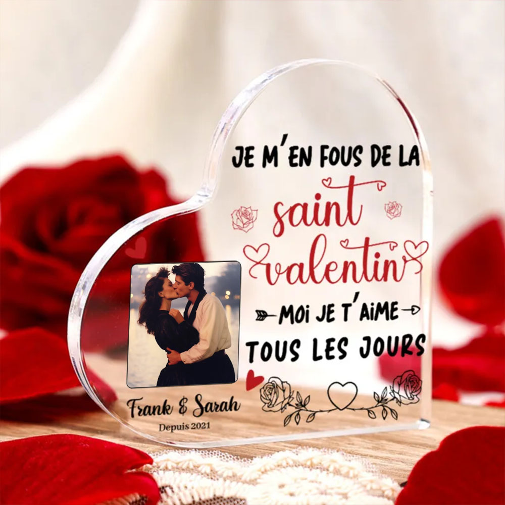 Plaque Acrylique en Forme de Cœur 2 Prénoms Personnalisés avec Photo et Date cadeau pour Saint Valentin
