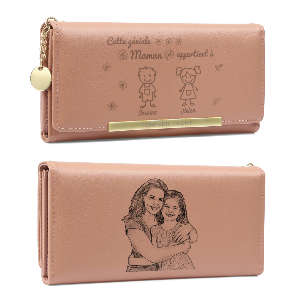 À Maman - Portefeuille Femme Photo Personnalisée avec 2 Dessins Enfant et 2 Prénoms Porte-monnaie Long Rose en Cuir PU pour Maman | Jessemade