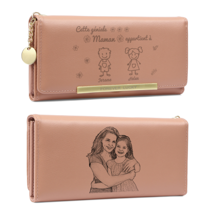 À Maman - Portefeuille Femme Photo Personnalisée avec 2 Dessins Enfant et 2 Prénoms Porte-monnaie Long Rose en Cuir PU pour Maman | Jessemade