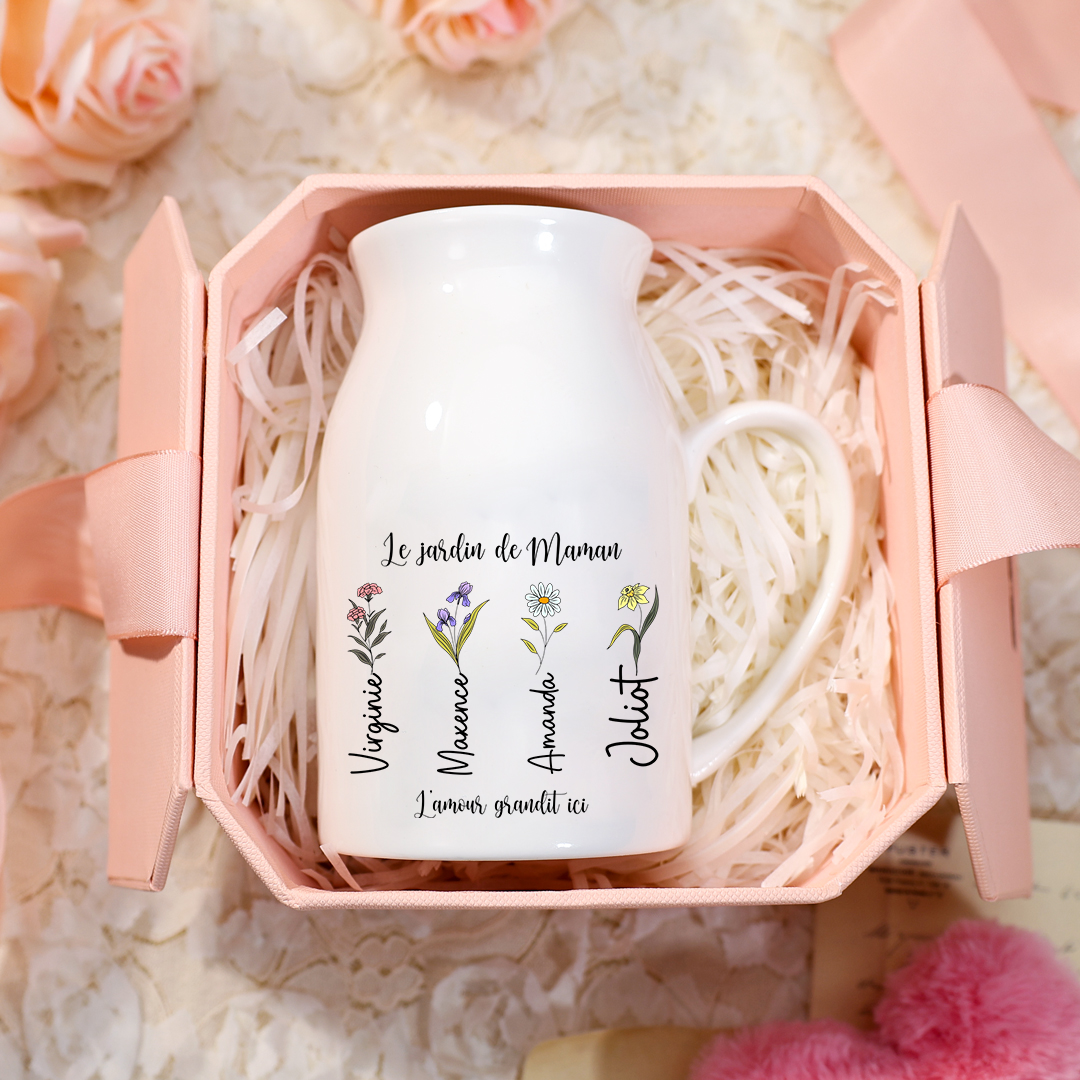 [Copy]Vase Personnalisé avec 1-10 Prénoms et 2 Textes Vase en Céramique Motif Fleurs et Papillons (sans fleurs) | Jessemade