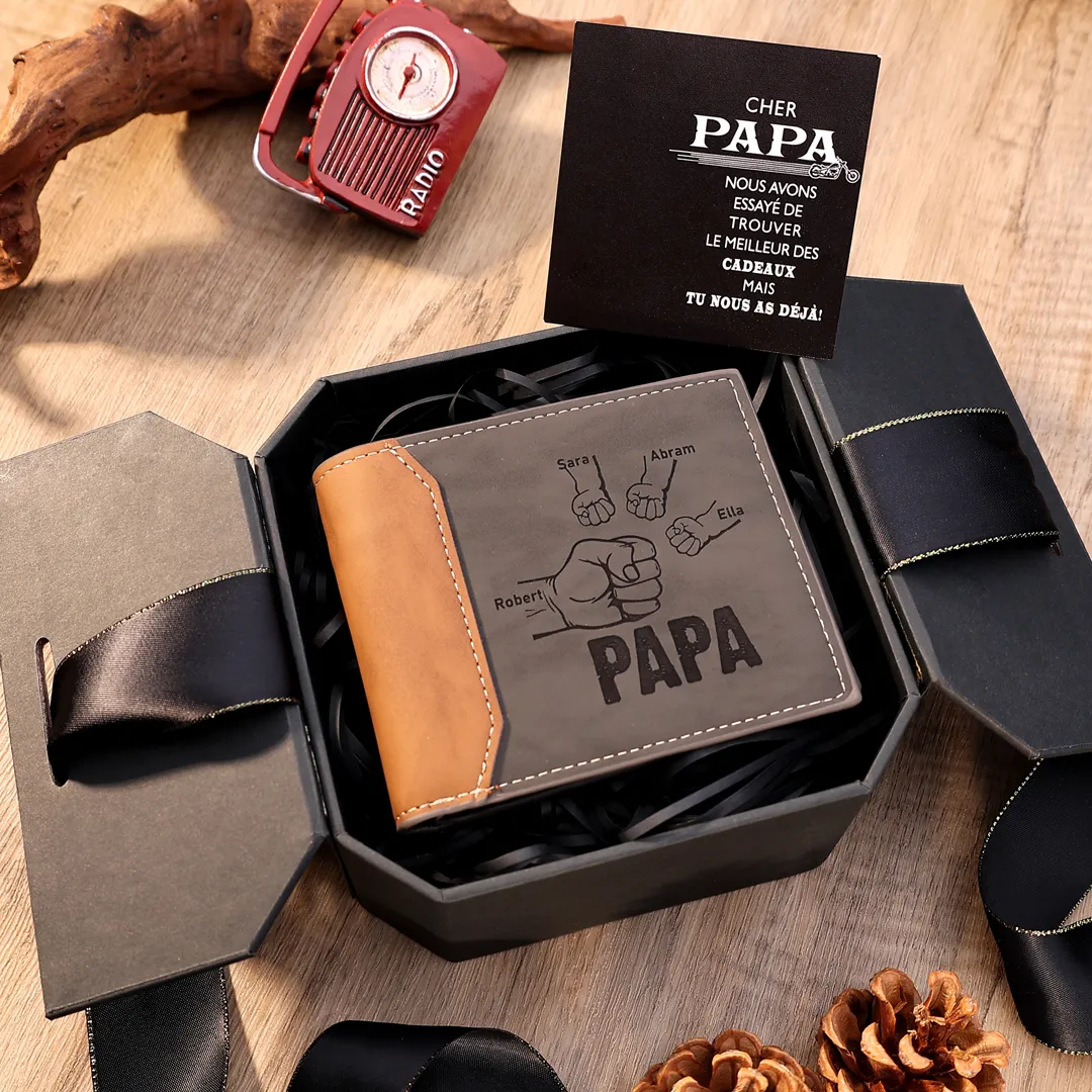 À mon Papa - Portefeuille Poings 2-5 Prénoms Personnalisés avec Photo Classique Homme Porte-Monnaie Carte | Cadeau Fête des Pères | Jessemade