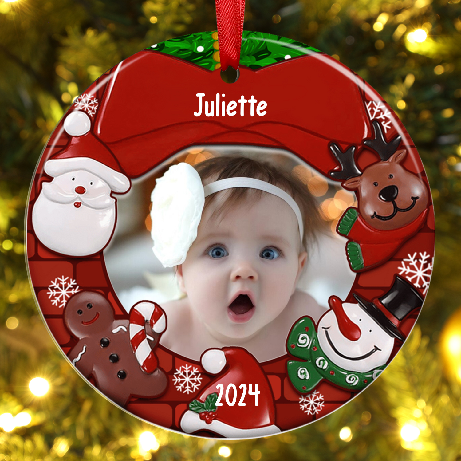 Ornements de Noël Bébé en Bois Photo et Prénom Personnalisés avec Année