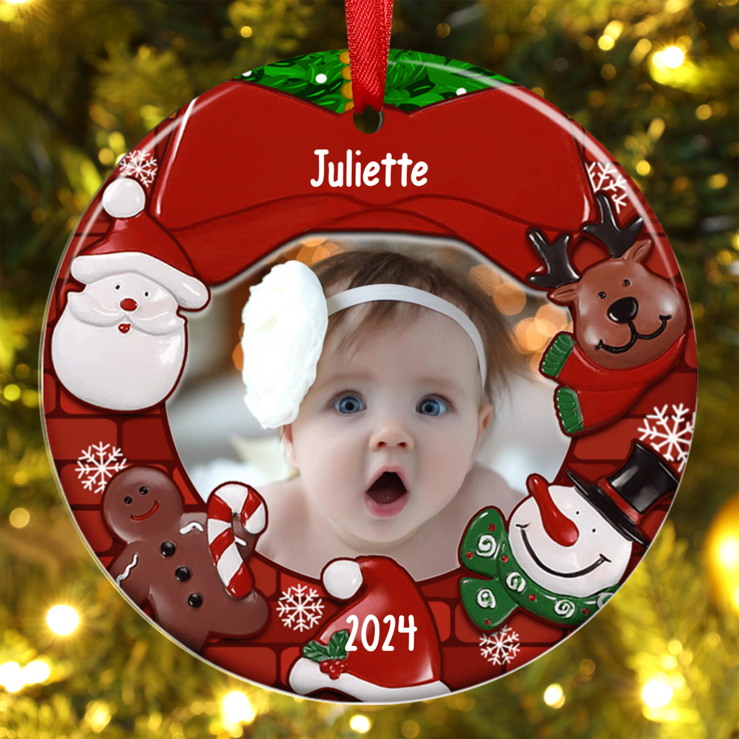 Ornements de Noël Bébé en Bois Photo et Prénom Personnalisés avec Année