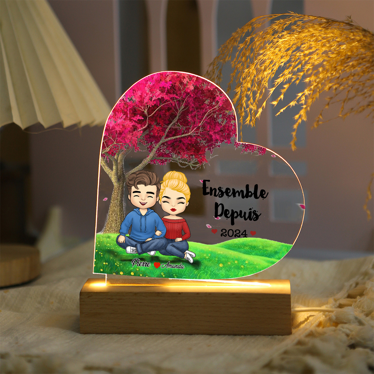 Lampe de chevet LED mains enlacées 2 prénoms personnalisés avec texte 