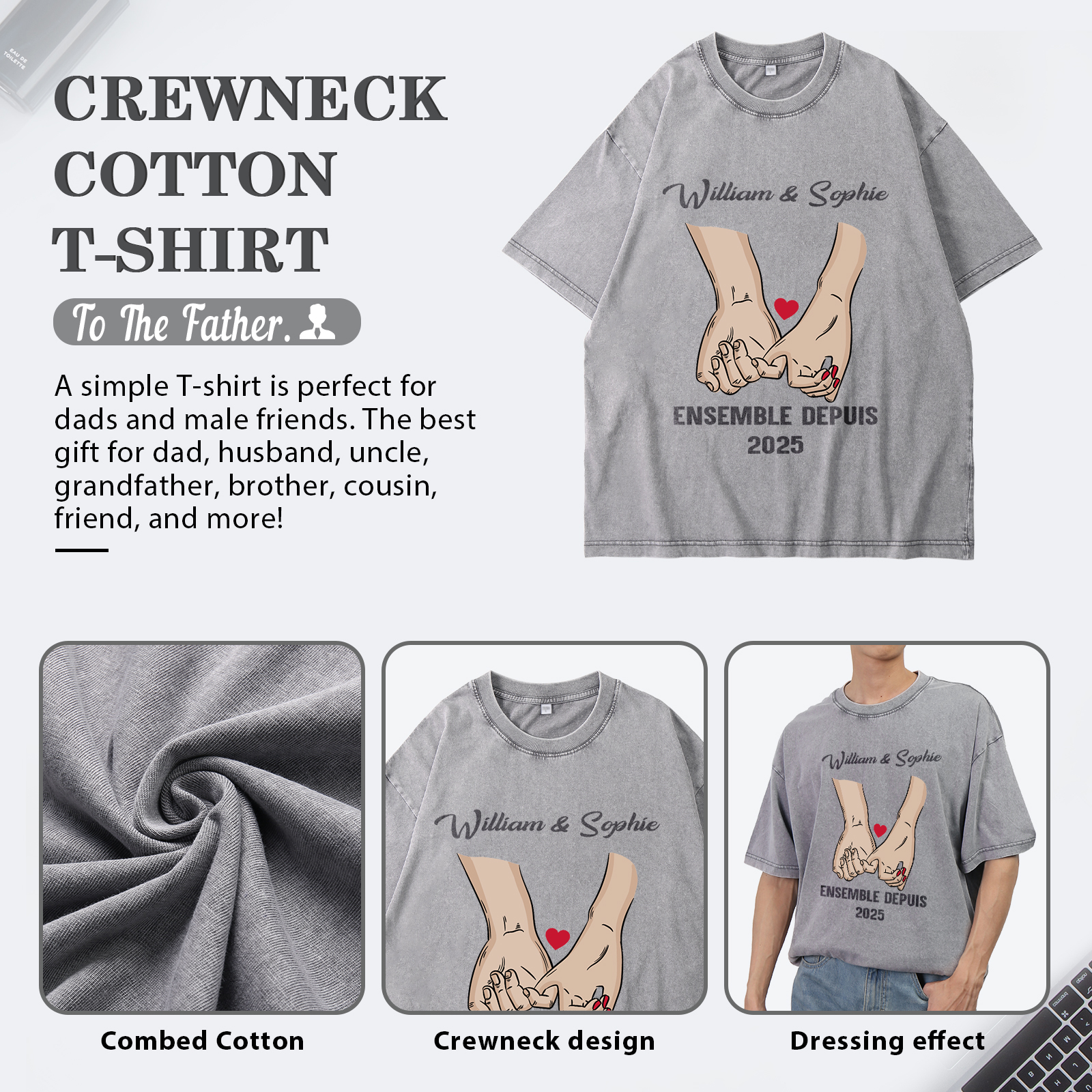 T-Shirt Personnalisé avec Année et 2 Prénoms T-Shirt en gris pour Couple | Jessemade