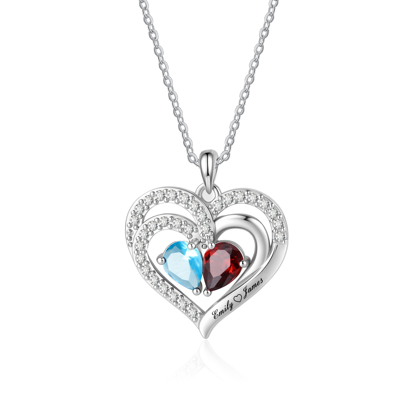 Collier Cœur Personnalisé avec 2 Pierres de Naissance et Noms Gravés, Cadeau pour Maman ou Compagne