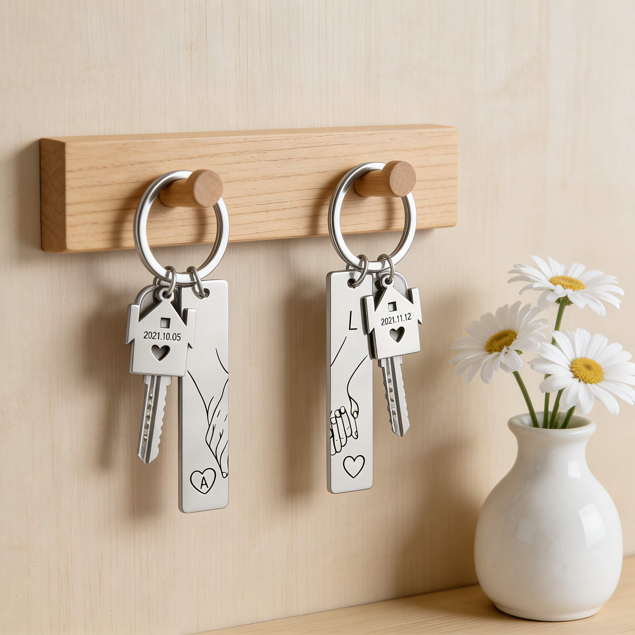 Porte-Clés la main dans la main 2 lettres Personnalisé avec 2 Dates