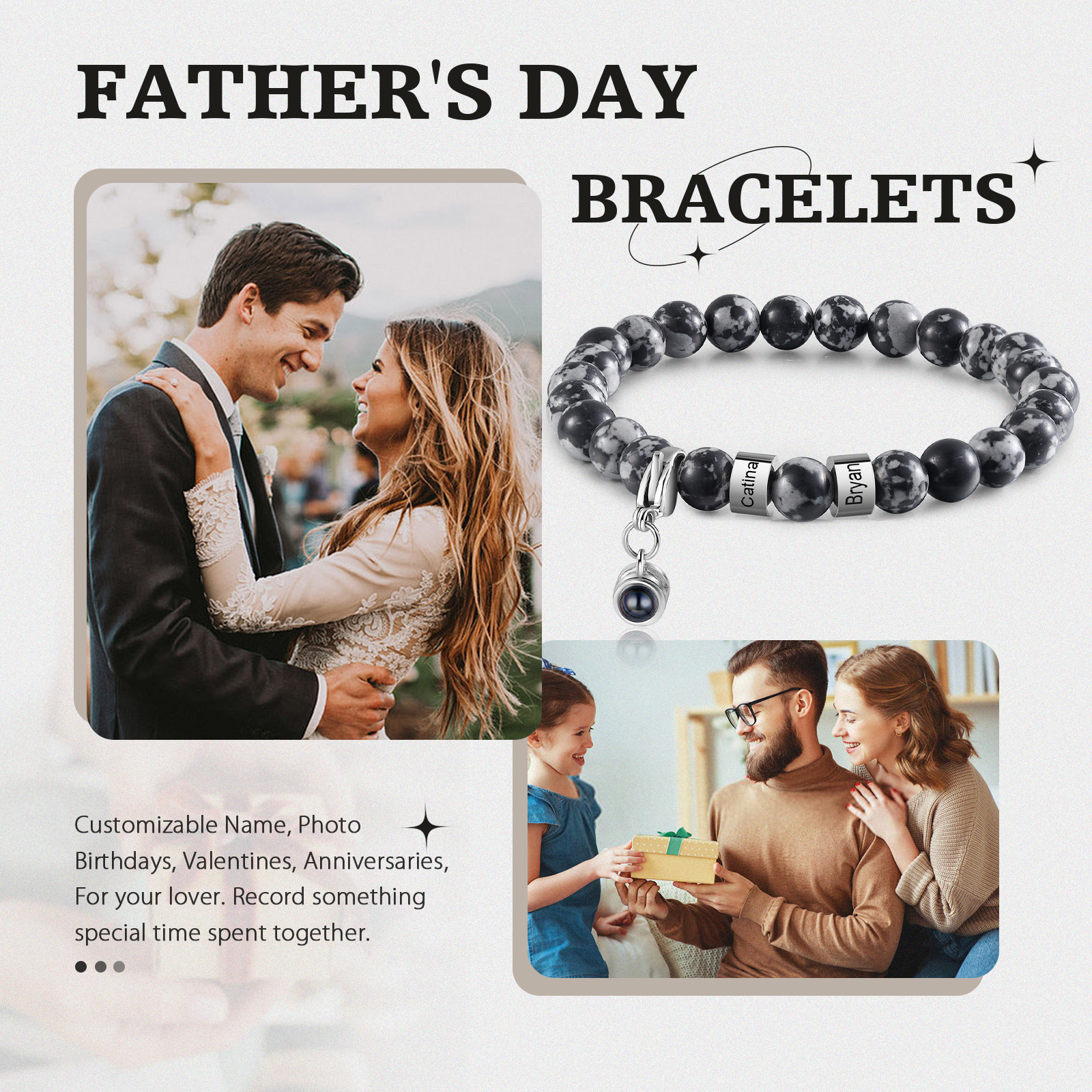 Bracelet en Malachite 2 Prénoms Personnalisés avec Photo Bracelet Photo Projection｜Jessemade