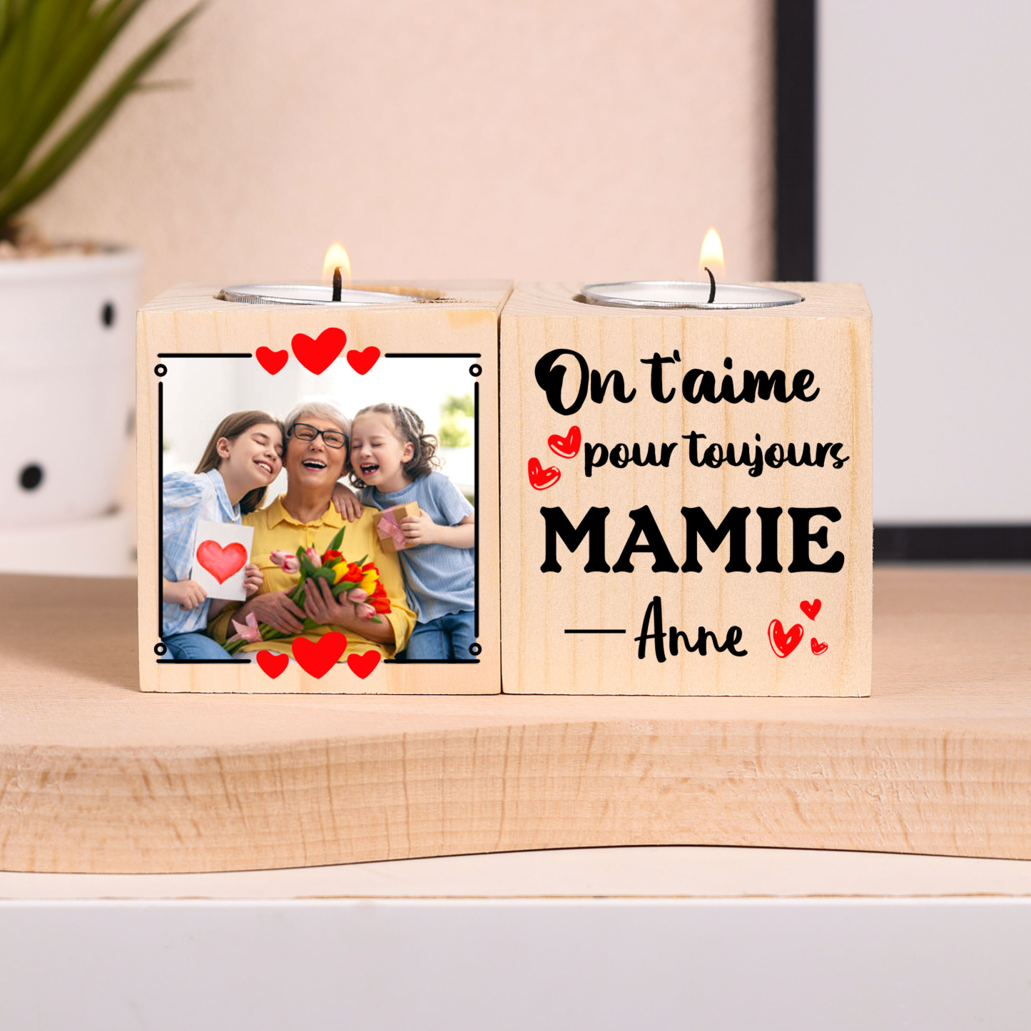 À Ma Mamie - Bougeoir en Bois 1 Prénom et Photo Personnalisés sans bougie