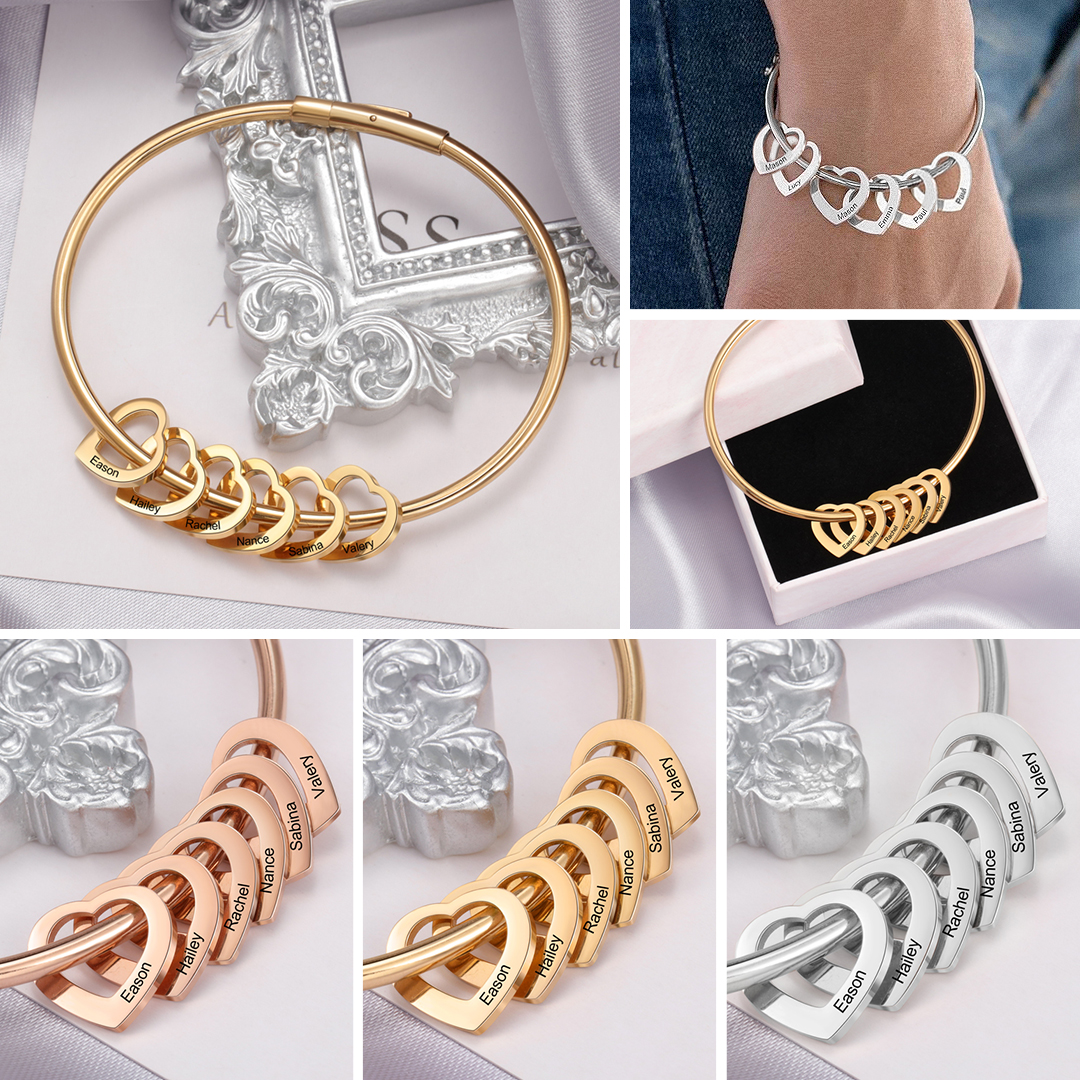 Bracelet 2-6 Prénoms Personnalisés Avec 3 Pendentifs Coeur Bracelet Coeur Avec Coffret｜Jessemade