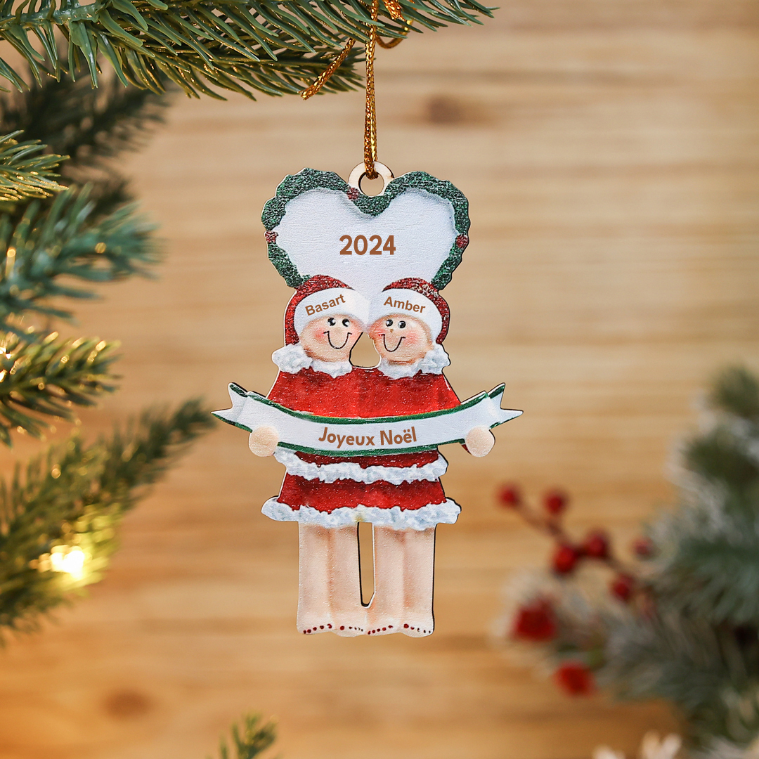 Ornements de Noël Poupée Couple 2 Prénoms Personnalisés avec Texte et Année